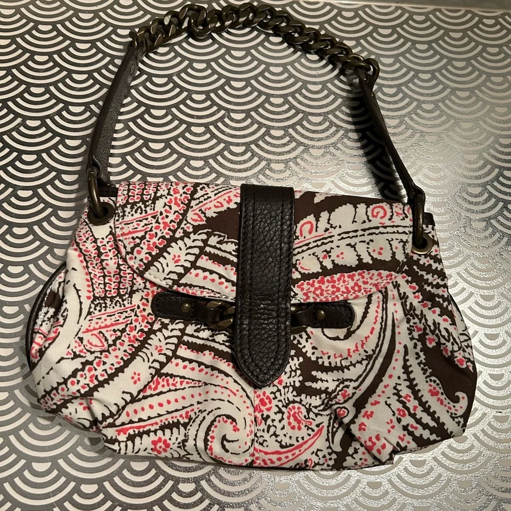 J.Crew 100% Silk Paisley Shoulder Bag Leather Trim Chain Strap Brown Pink Ivory
